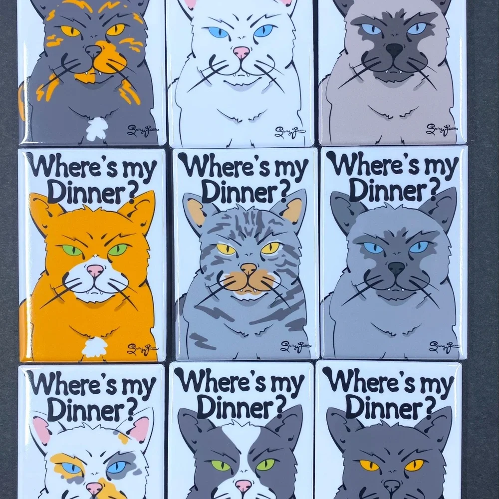 Funny Cat Magnet Where's my Dinner? Handmade Pet Portrait Decor Gift 2x3